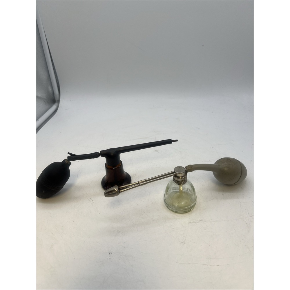 Vintage Set Of 2 Medical Glass Bottle Atomizers Spray Nose Throat